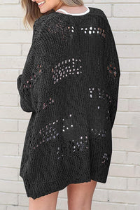 Crochet Dolman Knit Sleeve Cardigan-Crochet dolman knit sleeve cardigan in beige or black. Open-front hollowed knit layering piece with relaxed fit for boho-chic, casual, and vacation style.-Reef Love