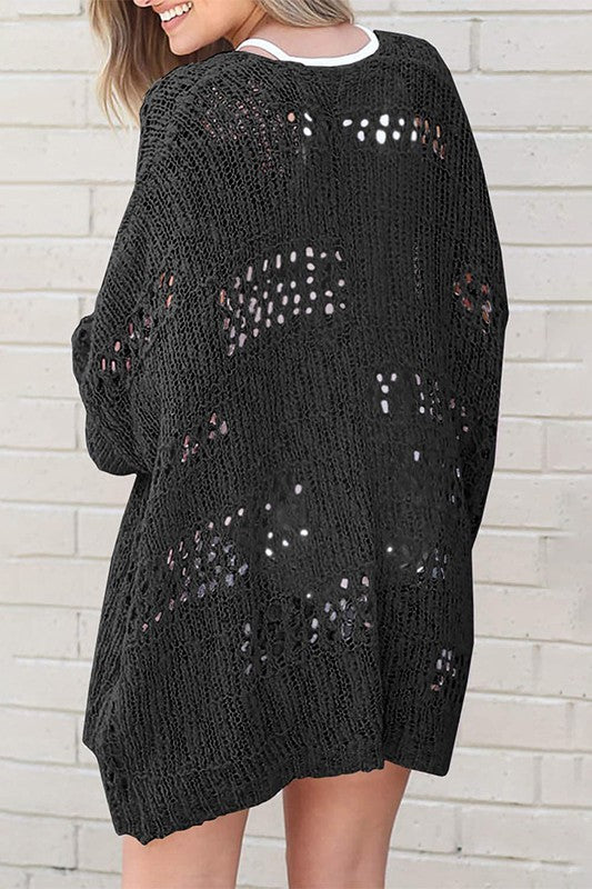 Crochet Dolman Knit Sleeve Cardigan-Crochet dolman knit sleeve cardigan in beige or black. Open-front hollowed knit layering piece with relaxed fit for boho-chic, casual, and vacation style.-Reef Love