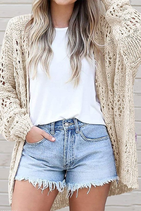 Crochet Dolman Knit Sleeve Cardigan-Crochet dolman knit sleeve cardigan in beige or black. Open-front hollowed knit layering piece with relaxed fit for boho-chic, casual, and vacation style.-Reef Love