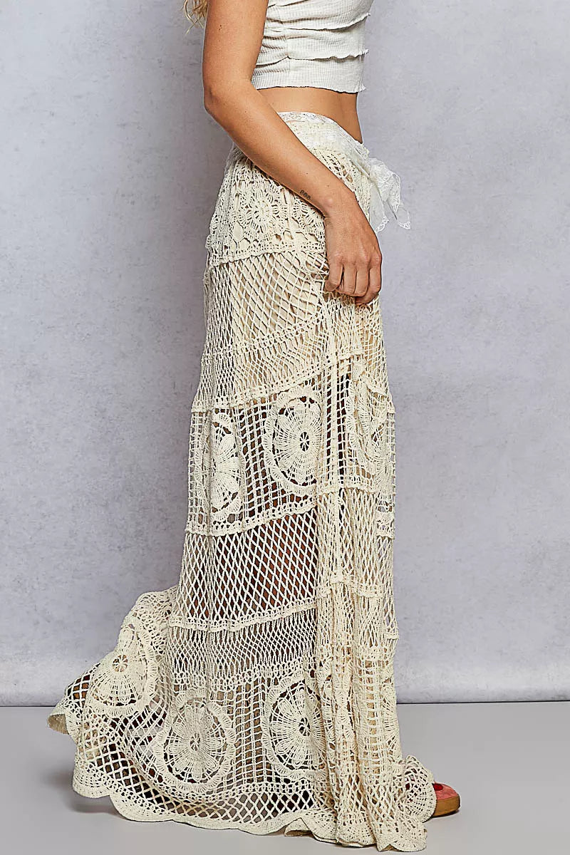 Crochet Floral Flared Maxi Skirt, Natural Beige