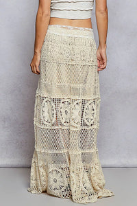Crochet Floral Flared Maxi Skirt, Natural Beige
