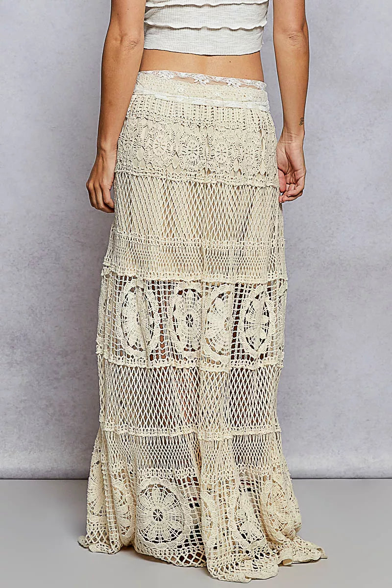 Crochet Floral Flared Maxi Skirt, Natural Beige