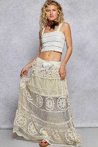 Crochet Floral Flared Maxi Skirt, Natural Beige