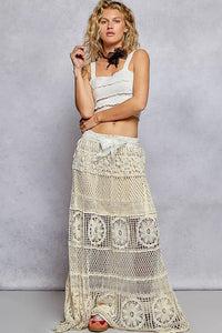 Crochet Floral Flared Maxi Skirt, Natural Beige