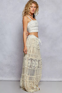 Crochet Floral Flared Maxi Skirt, Natural Beige