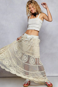 Crochet Floral Flared Maxi Skirt, Natural Beige