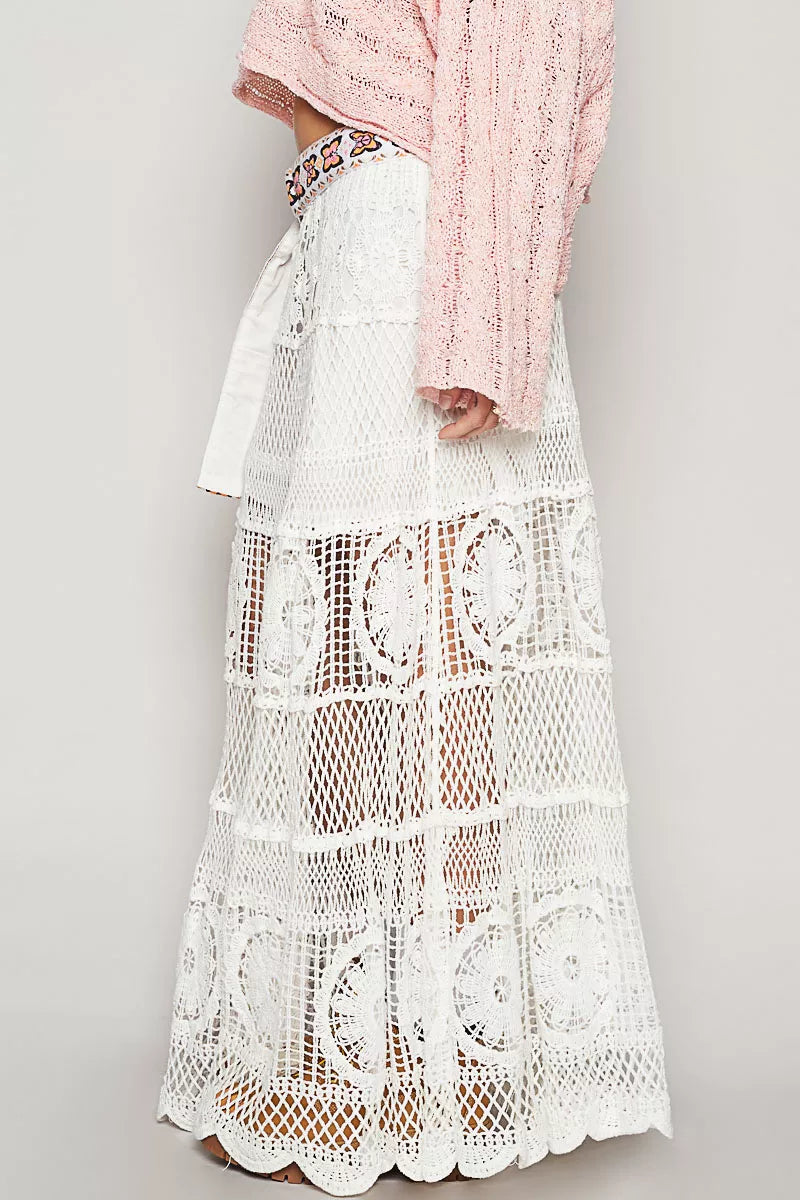 Crochet Floral Flared Maxi Skirt, Off White