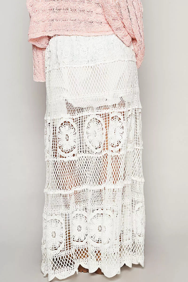 Crochet Floral Flared Maxi Skirt, Off White
