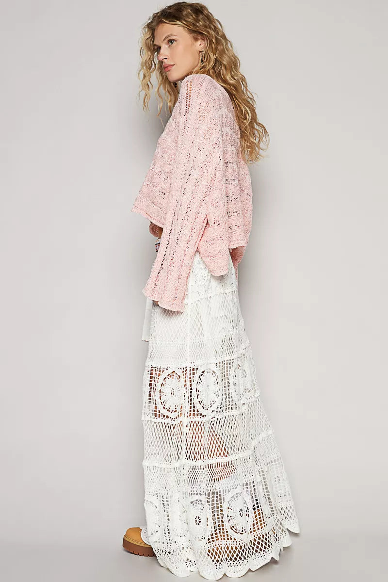 Crochet Floral Flared Maxi Skirt, Off White