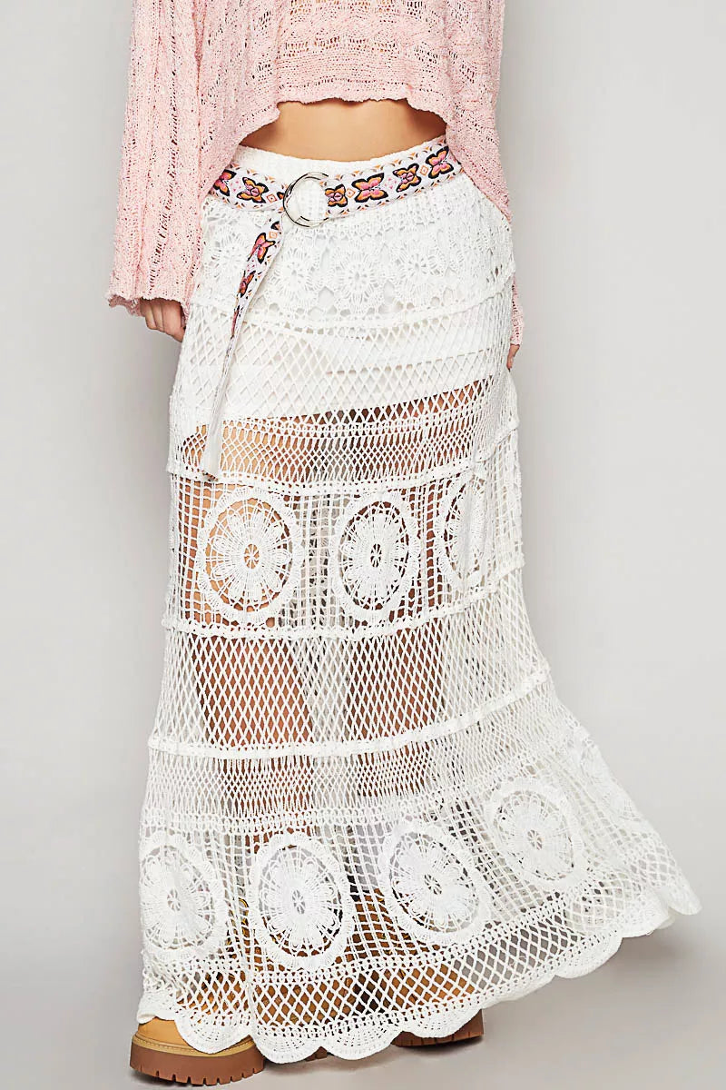 Crochet Floral Flared Maxi Skirt, Off White