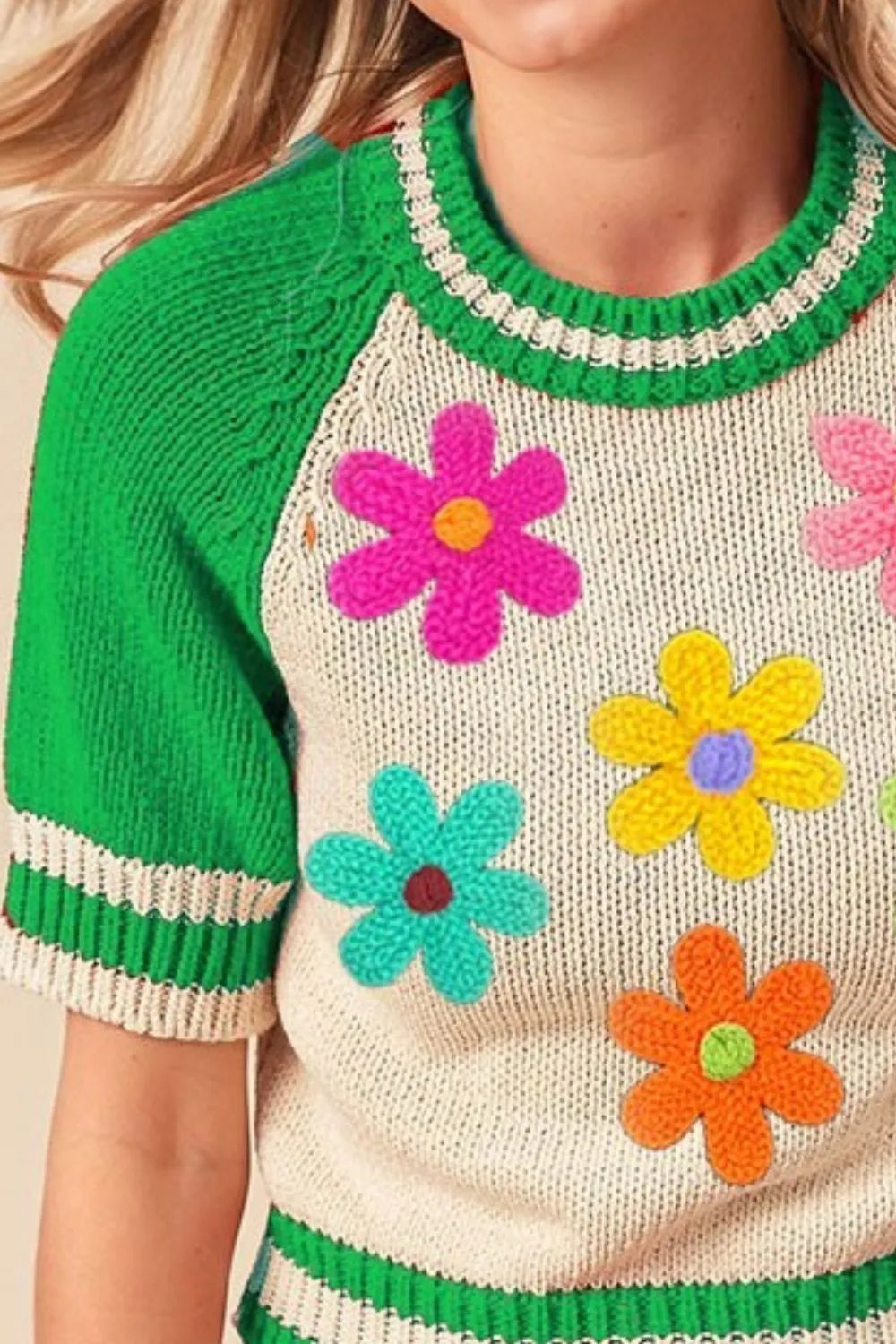 Crochet Flower Patches Striped Rib Band Sweater-Short Sleeve Sweater-BiBi-Reef Love