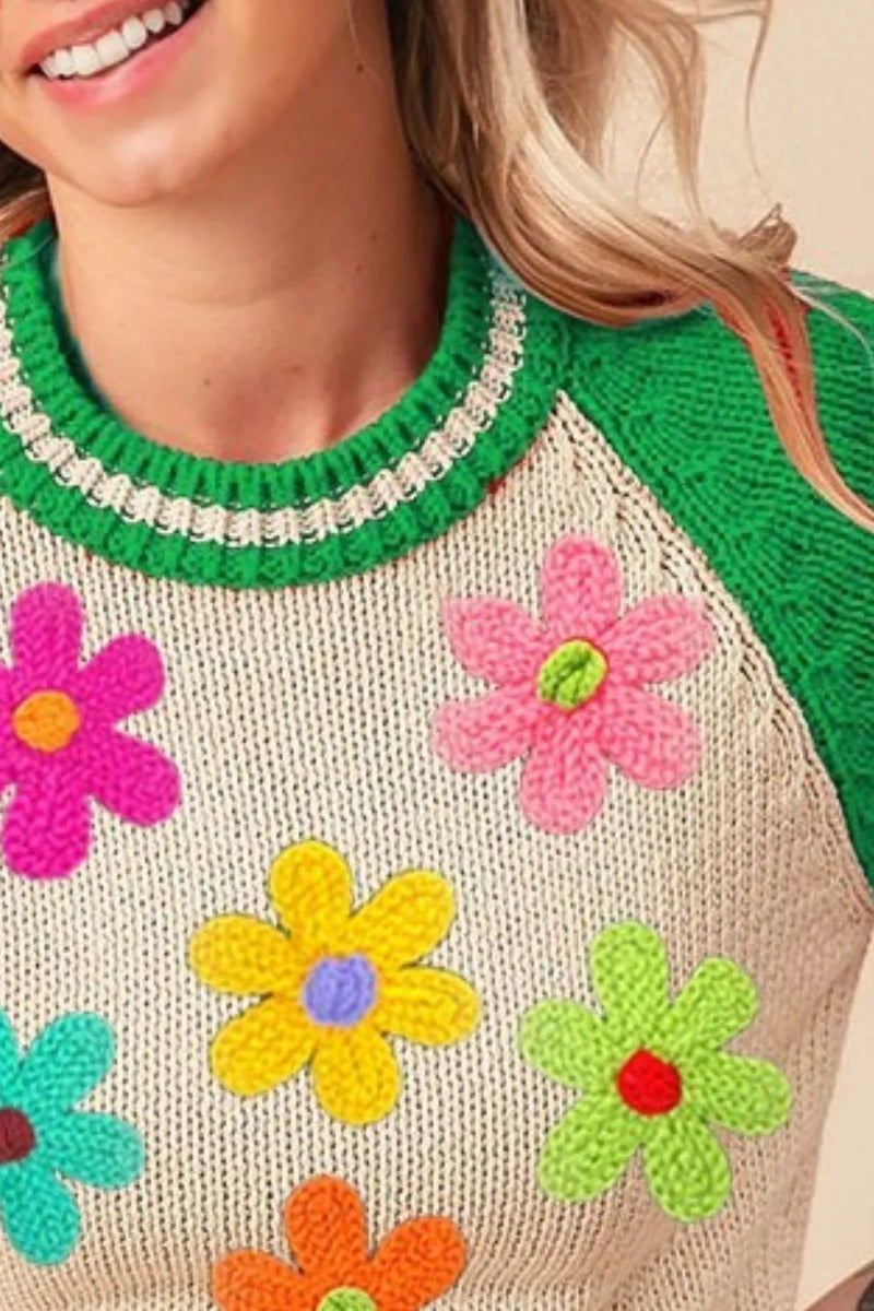 Crochet Flower Patches Striped Rib Band Sweater-Short Sleeve Sweater-BiBi-Reef Love