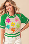Crochet Flower Patches Striped Rib Band Sweater-Short Sleeve Sweater-BiBi-JADE-S-Reef Love