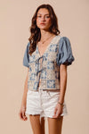 Shop Crochet Lace Tie Front V Neck Blouse-Boho-chic lace tie front blouse with vintage patchwork print & puff sleeves. Lightweight & airy, perfect for summer outings & coastal-inspired looks.-available at Reef Love online boho-chic boutique