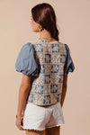 Shop Crochet Lace Tie Front V Neck Blouse-Boho-chic lace tie front blouse with vintage patchwork print & puff sleeves. Lightweight & airy, perfect for summer outings & coastal-inspired looks.-available at Reef Love online boho-chic boutique