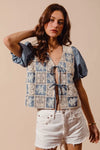 Shop Crochet Lace Tie Front V Neck Blouse-Boho-chic lace tie front blouse with vintage patchwork print & puff sleeves. Lightweight & airy, perfect for summer outings & coastal-inspired looks.-available at Reef Love online boho-chic boutique