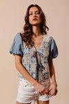 Shop Crochet Lace Tie Front V Neck Blouse-Boho-chic lace tie front blouse with vintage patchwork print & puff sleeves. Lightweight & airy, perfect for summer outings & coastal-inspired looks.-available at Reef Love online boho-chic boutique