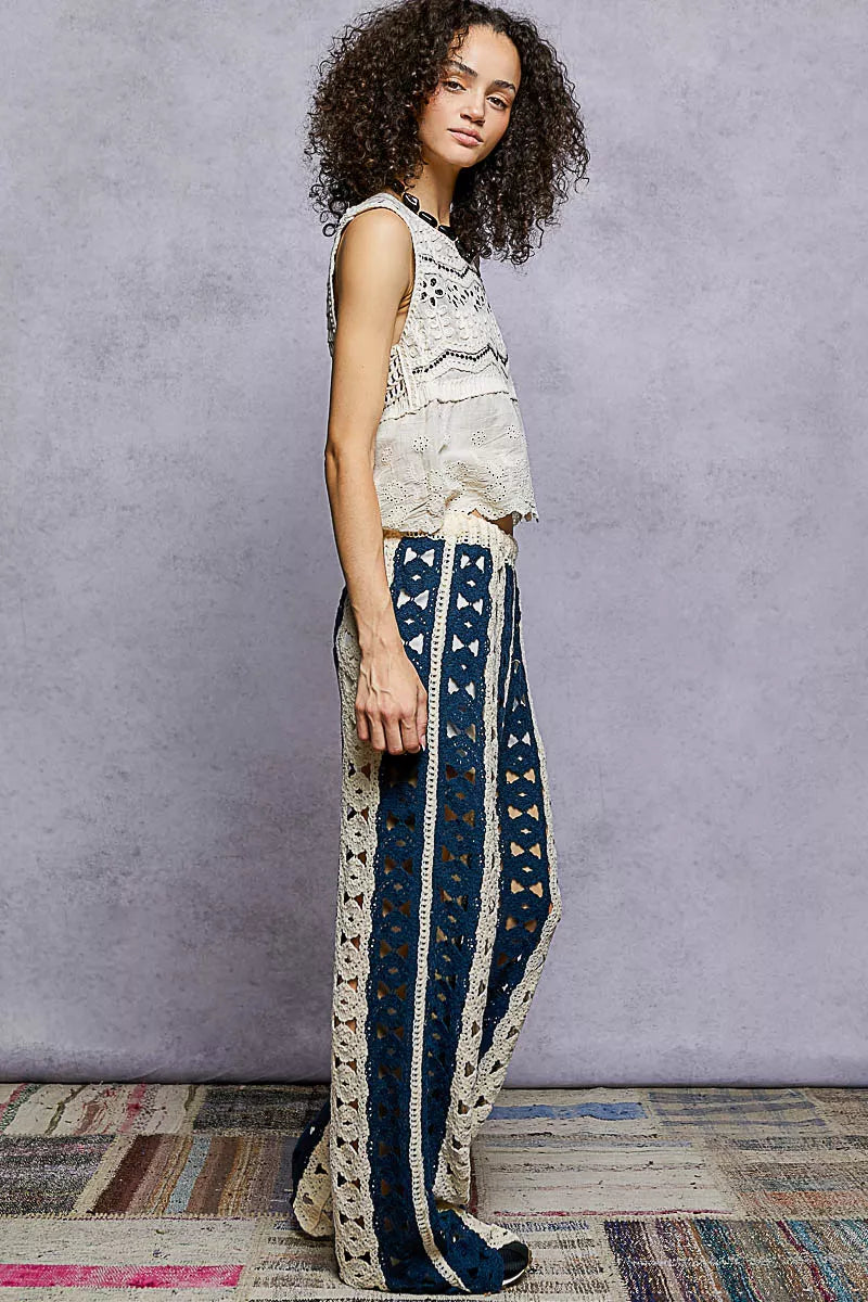 Crochet Wide Leg Pants with Stripe Detail, Navy & Beige- Boho Chic Styles by Reef Love