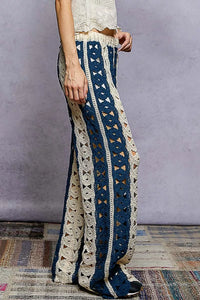 Crochet Wide Leg Pants with Stripe Detail, Navy & Beige- Boho Chic Styles by Reef Love