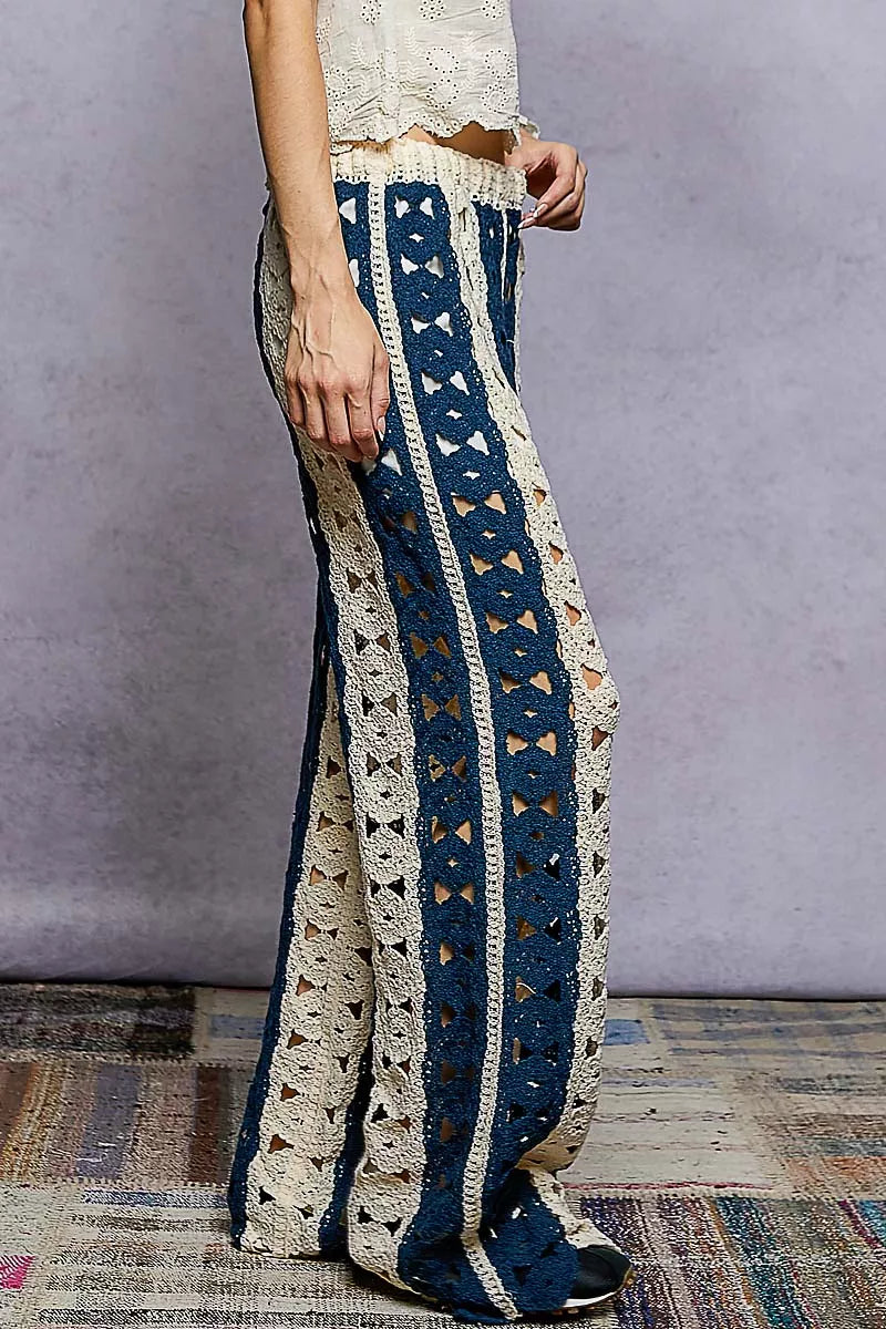 Crochet Wide Leg Pants with Stripe Detail, Navy & Beige- Boho Chic Styles by Reef Love