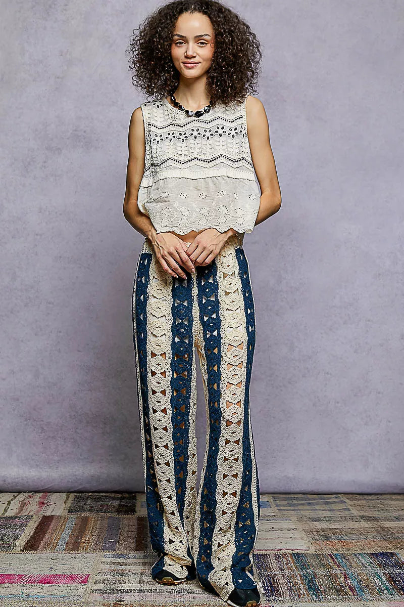Crochet Wide Leg Pants with Stripe Detail, Navy & Beige- Boho Chic Styles by Reef Love