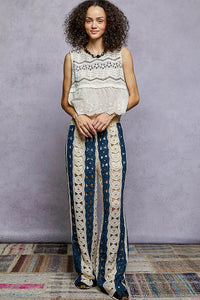 Crochet Wide Leg Pants with Stripe Detail, Navy & Beige- Boho Chic Styles by Reef Love