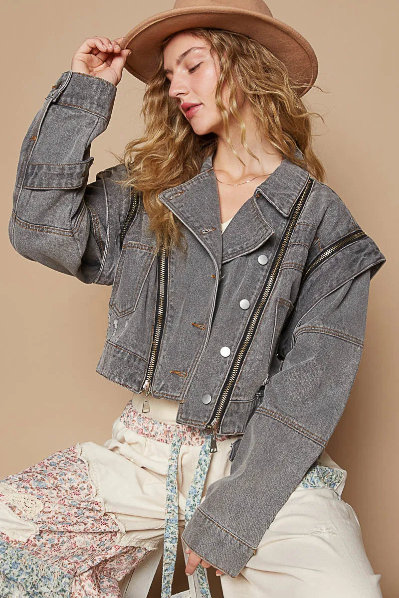 Cropped Denim Jacket with Functional Zipper Detail-Jean Jacket-Reef Love