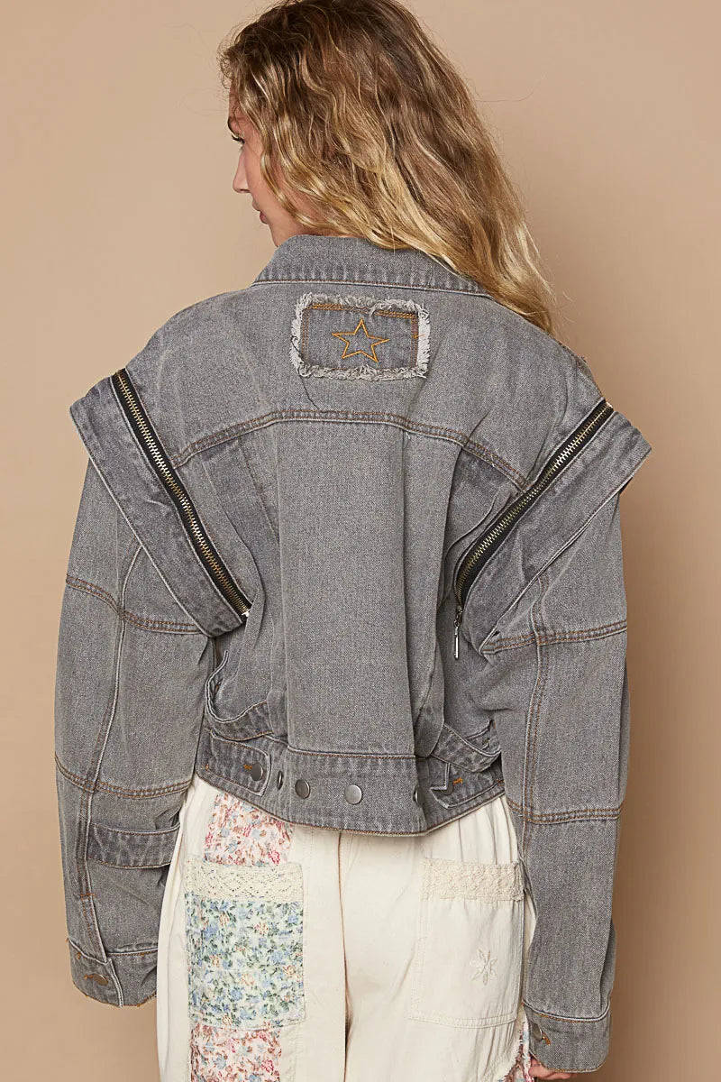 Cropped Denim Jacket with Functional Zipper Detail-Jean Jacket-Reef Love