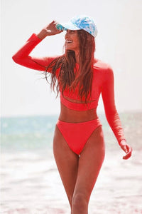 Cropped Silhouette Long Sleeve Two Piece Rash Guard, Red- Boho Chic Styles by Reef Love