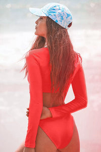 Cropped Silhouette Long Sleeve Two Piece Rash Guard, Red- Boho Chic Styles by Reef Love