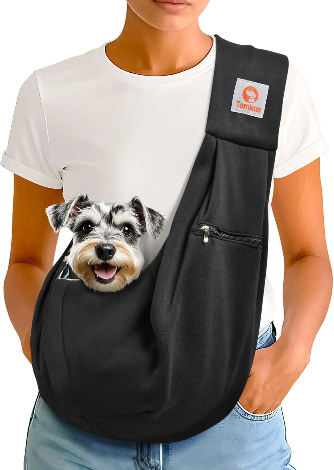 Dog Sling Crossbody Carrier for Small Dogs-Black-M - Zipper Pocket Classic Strap-Reef Love