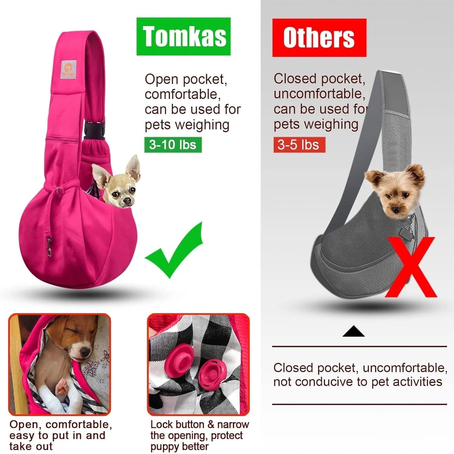 Dog Sling Carrier for Small Dogs Puppy Carrier for Small Dogs (Rose Red, Adjustable Strap for 3-10 Lbs & Zipper Pocket)