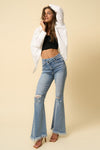 Crossover Fray Super Flare Jeans-Crossover fray super flare jeans in medium wash. Retro-inspired wide-leg denim with distressed knees & frayed hem. Stretch fit for comfort & style.