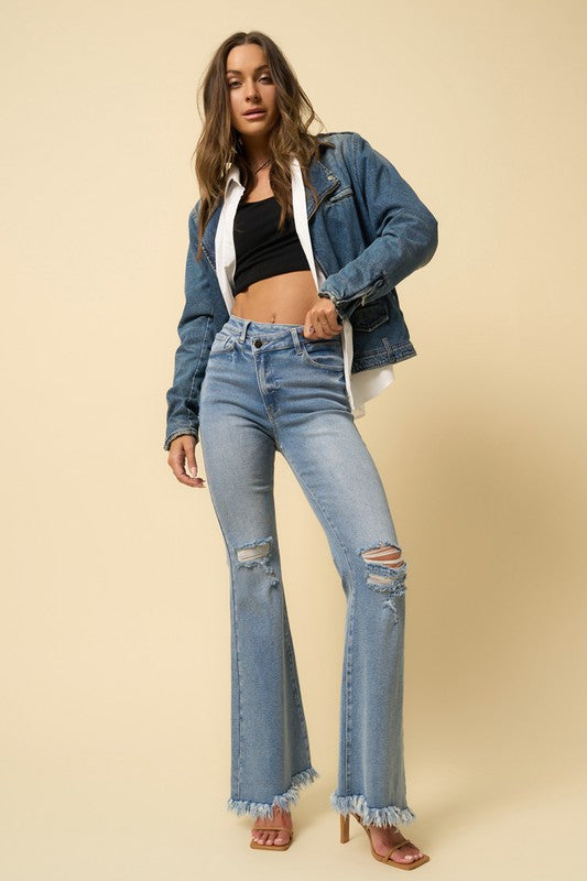Crossover Fray Super Flare Jeans-Crossover fray super flare jeans in medium wash. Retro-inspired wide-leg denim with distressed knees & frayed hem. Stretch fit for comfort & style.