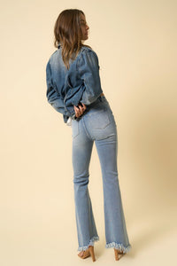 Crossover Fray Super Flare Jeans-Crossover fray super flare jeans in medium wash. Retro-inspired wide-leg denim with distressed knees & frayed hem. Stretch fit for comfort & style.