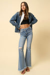 Crossover Fray Super Flare Jeans-Crossover fray super flare jeans in medium wash. Retro-inspired wide-leg denim with distressed knees & frayed hem. Stretch fit for comfort & style.