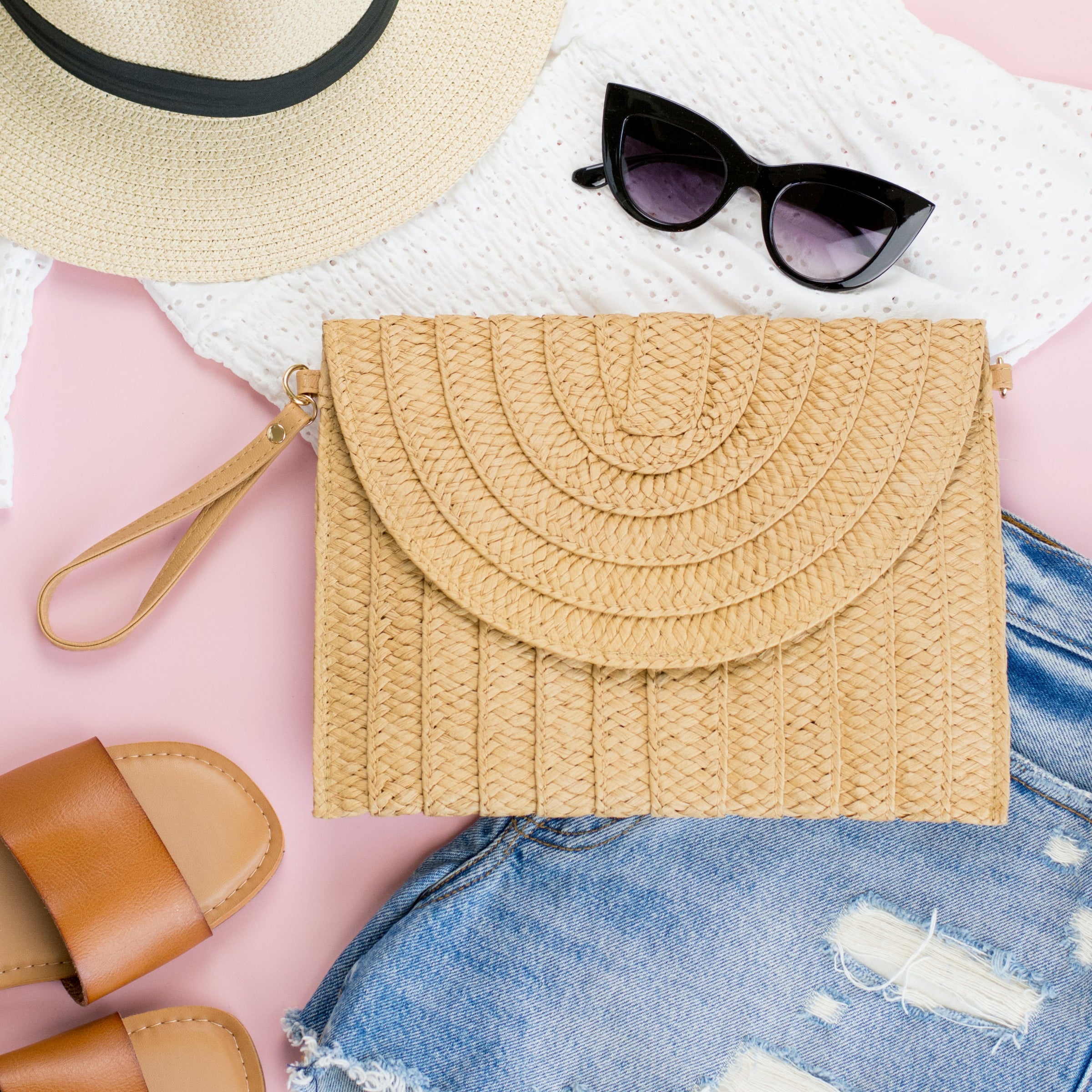 Straw Foldover Convertible Clutch