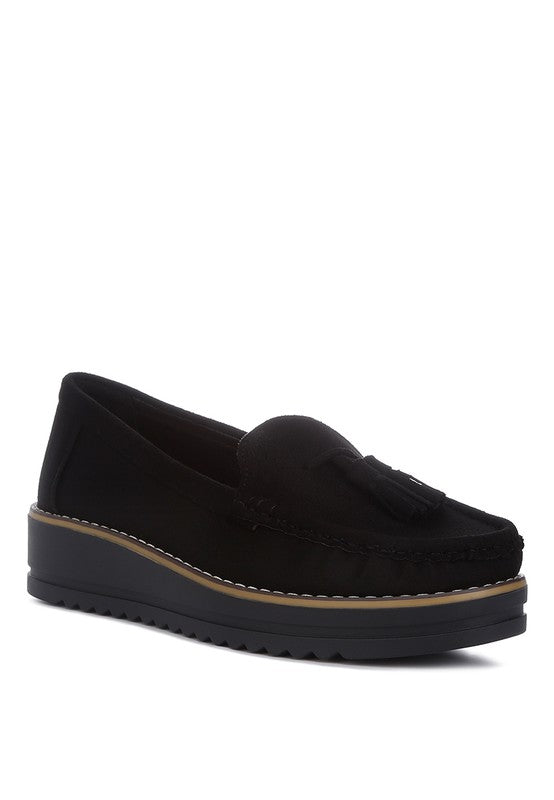Daiki platform lug sole tassel loafers in soft suede with cushioned insole. A chic update to classic loafer