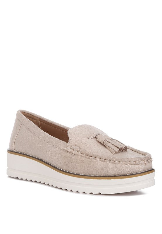 Daiki Platform Lug Sole Tassel Loafers-Daiki platform lug sole tassel loafers in soft micro suede with cushioned insole.