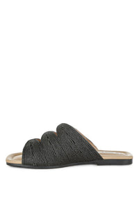 Daisy Doe Raffia Square Toe Flat Sandals-Daisy Doe raffia square toe flat sandals with cut work detail. Chic slip-on flats with cushioned insole, perfect for casual, vacation, or beach outfits.
