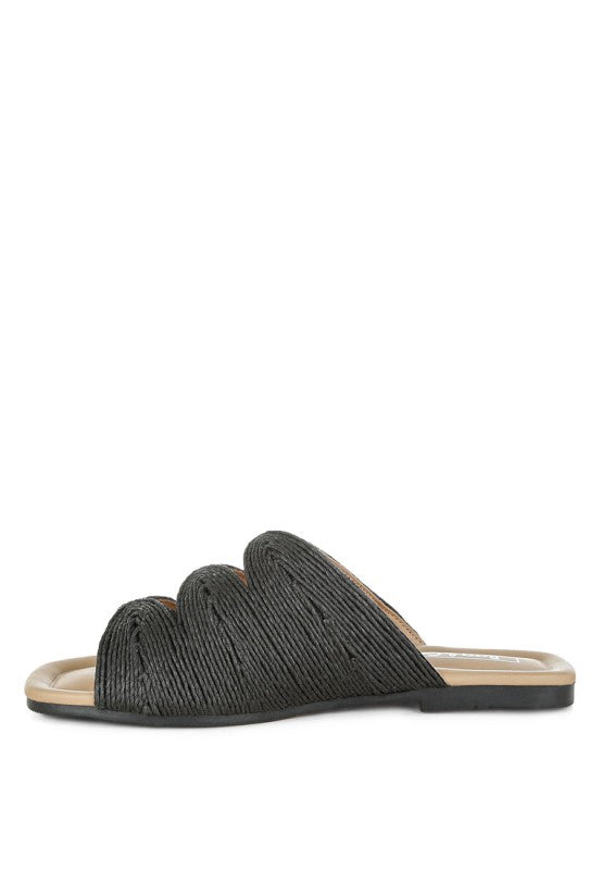 Daisy Doe Raffia Square Toe Flat Sandals-Daisy Doe raffia square toe flat sandals with cut work detail. Chic slip-on flats with cushioned insole, perfect for casual, vacation, or beach outfits.
