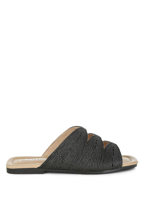 Daisy Doe Raffia Square Toe Flat Sandals-Daisy Doe raffia square toe flat sandals with cut work detail. Chic slip-on flats with cushioned insole, perfect for casual, vacation, or beach outfits.