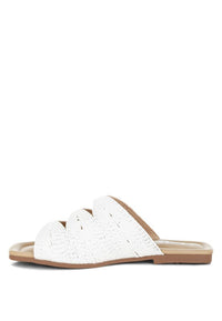 Daisy Doe Raffia Square Toe Flat Sandals-Daisy Doe raffia square toe flat sandals with cut work detail. Chic slip-on flats with cushioned insole, perfect for casual, vacation, or beach outfits.
