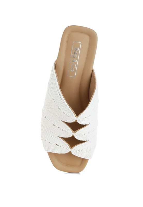 Daisy Doe Raffia Square Toe Flat Sandals-Daisy Doe raffia square toe flat sandals with cut work detail. Chic slip-on flats with cushioned insole, perfect for casual, vacation, or beach outfits.