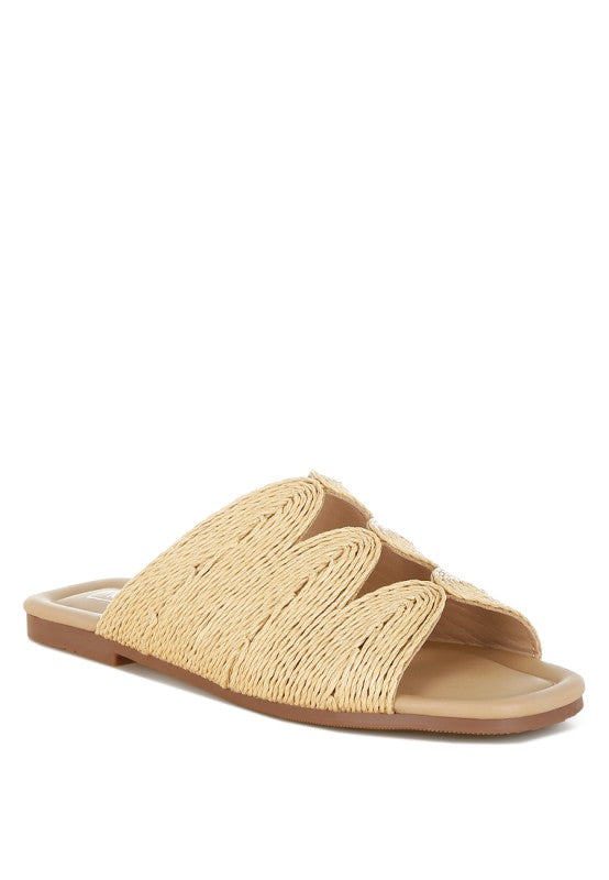 Daisy Doe Raffia Square Toe Flat Sandals-Daisy Doe raffia square toe flat sandals with cut work detail. Chic slip-on flats with cushioned insole, perfect for casual, vacation, or beach outfits.
