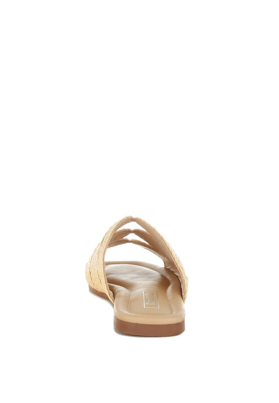 Daisy Doe Raffia Square Toe Flat Sandals-Daisy Doe raffia square toe flat sandals with cut work detail. Chic slip-on flats with cushioned insole, perfect for casual, vacation, or beach outfits.