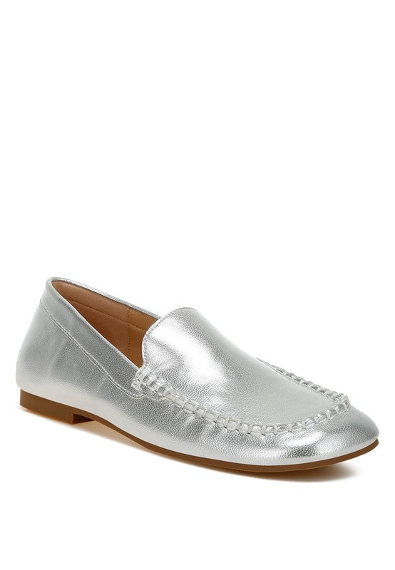 Dama Metallic Faux Leather Flat Loafers-Dama metallic PU leather loafers with cushioned insole and flat heel. Sleek, versatile slip-ons with a chic metallic shine for day-to-night women’s style.-Reef Love