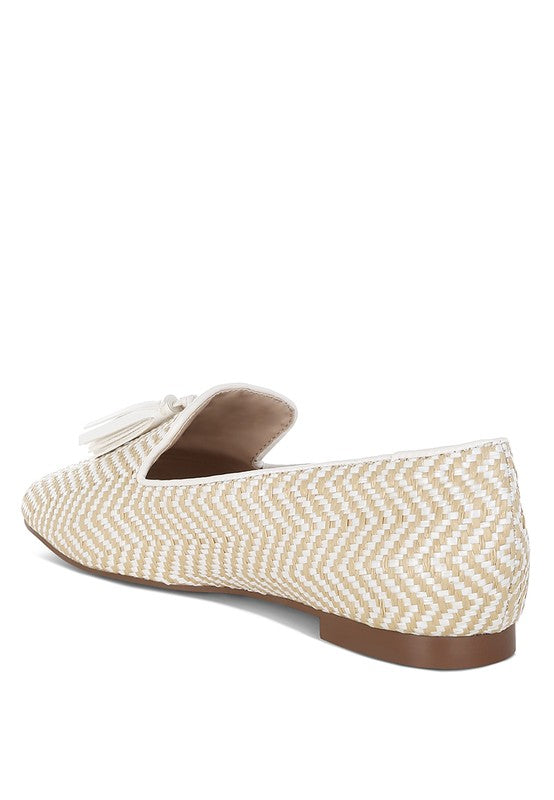 Dara Raffia Tassels Detail Loafers-Dara Raffia Tassel Detail Loafers. Raffia loafers with tassels, zig-zag design, and cushioned insoles. Comfortable boho-chic flats with a 1" heel for summer style.-Reef Love