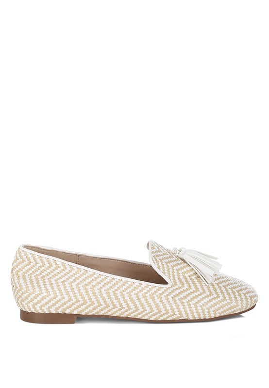 Dara Raffia Tassels Detail Loafers-Dara Raffia Tassel Detail Loafers. Raffia loafers with tassels, zig-zag design, and cushioned insoles. Comfortable boho-chic flats with a 1" heel for summer style.-Reef Love