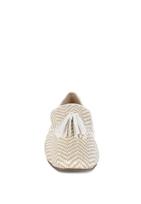 Dara Raffia Tassels Detail Loafers-Dara Raffia Tassel Detail Loafers. Raffia loafers with tassels, zig-zag design, and cushioned insoles. Comfortable boho-chic flats with a 1" heel for summer style.-Reef Love